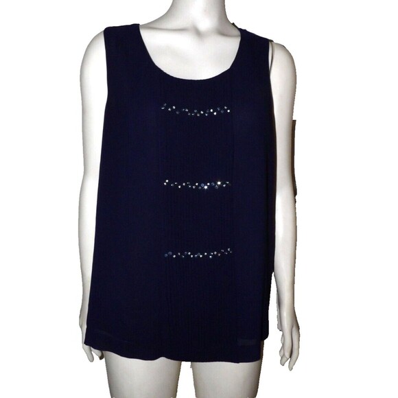 Coldwater Creek Navy Blue Embellished Rhinestone Tank Size M 10-12 Layered Slits - Picture 1 of 11